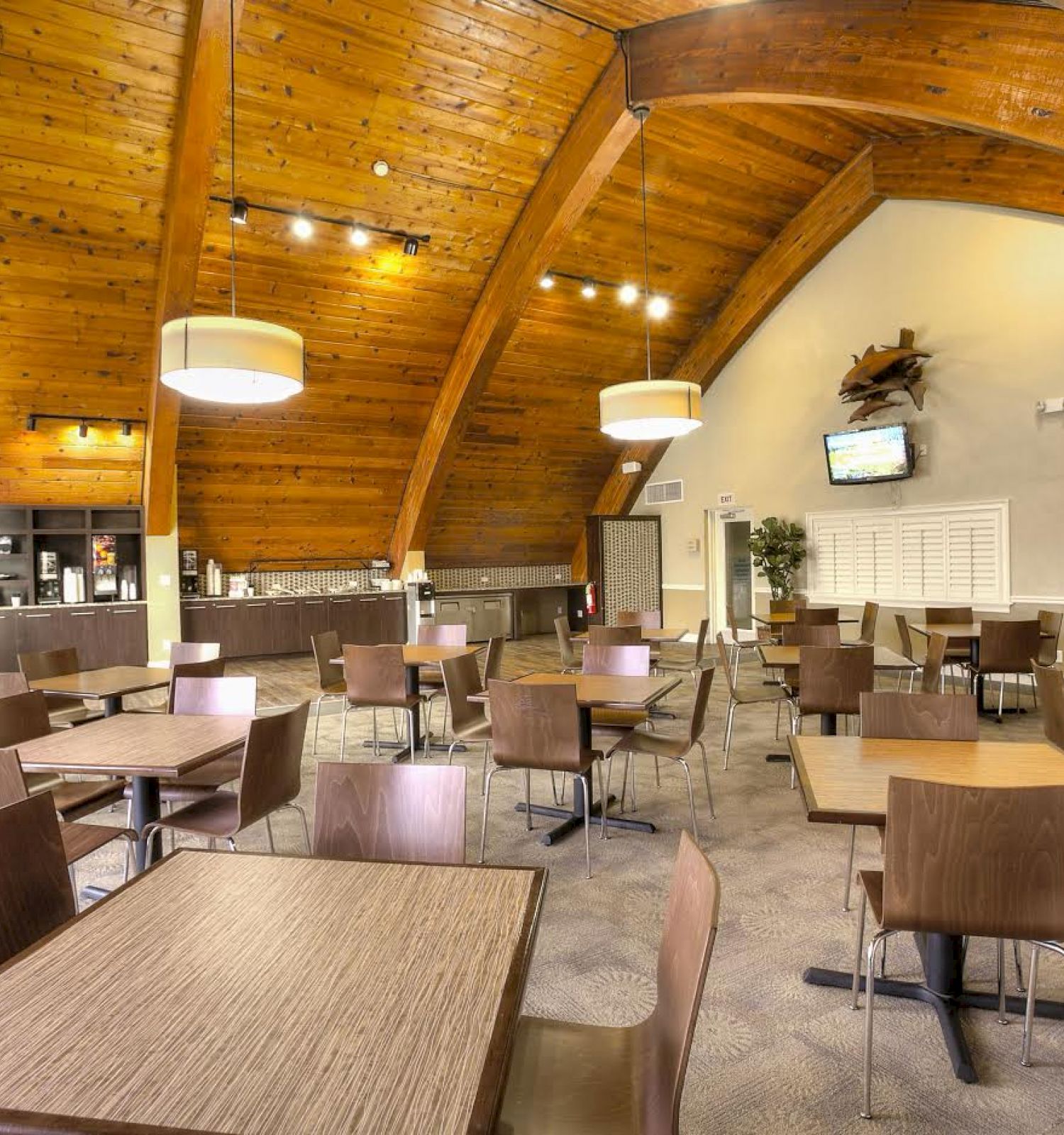 This image shows a clean, spacious eating area with wooden tables, chairs, and a high, wooden ceiling. There are plants, a TV, and large windows.