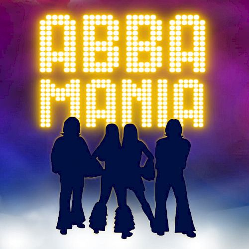 An illuminated "ABBA MANIA" sign with silhouettes of four performers against a colorful background with lights and lens flares, ends the sentence.