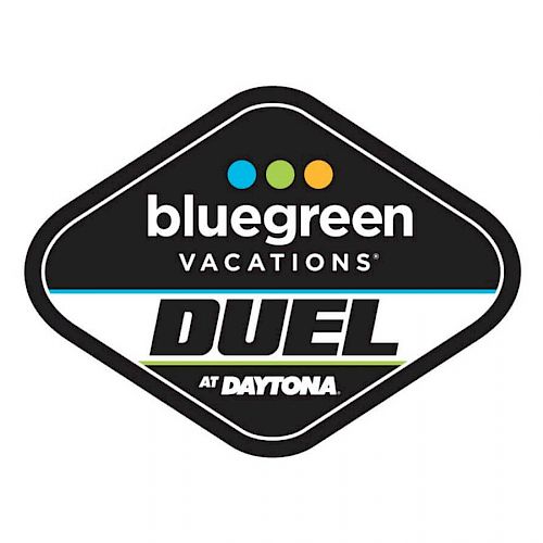 The image shows the logo for "bluegreen vacations DUEL at DAYTONA" on a black diamond-shaped background with blue, yellow, and green dots above.