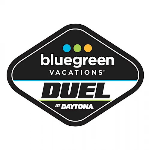 The image shows the logo for "bluegreen vacations DUEL at DAYTONA" on a black diamond-shaped background with blue, yellow, and green dots above.