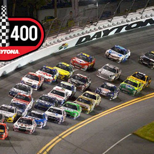 NASCAR race cars speeding around the Daytona track under the branding of Coke Zero Sugar 400 at Daytona, with an illuminated logo on the top left.