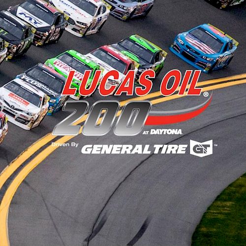 The image shows cars racing on a track with "LUCAS OIL 200 driven by General Tire" prominently displayed over the scene.