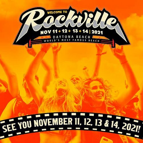 Image of a Welcome to Rockville music festival poster, featuring dates, location in Daytona Beach, and the slogan 