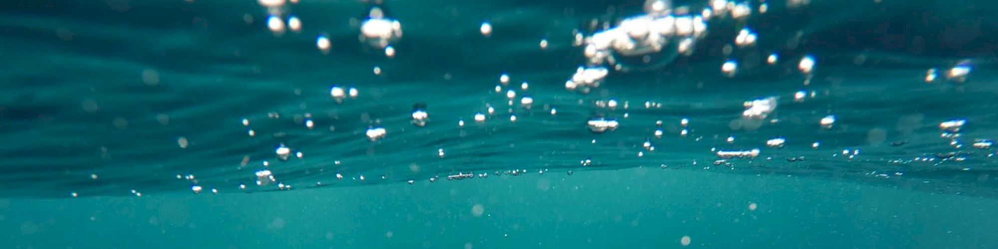 This image shows an underwater view with bubbles rising toward the surface of the ocean or a pool, giving a sense of being submerged.