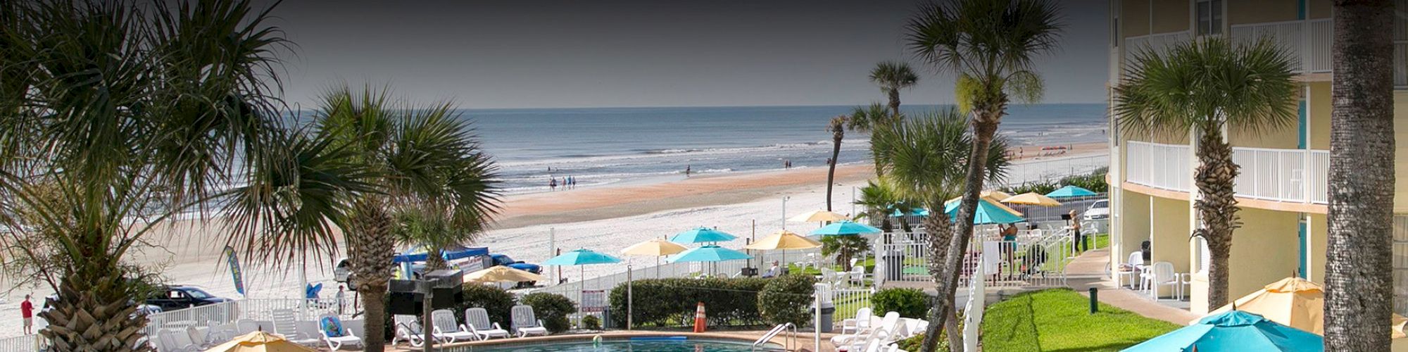 A beach scene with palm trees, a pool area with chairs and umbrellas, and the ocean in the background. A building stands to the right, ending the sentence.