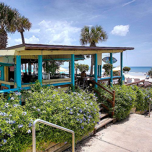 The image shows a beachfront cafe with a wooden deck, surrounded by lush green plants and overlooking a sandy beach and the ocean.