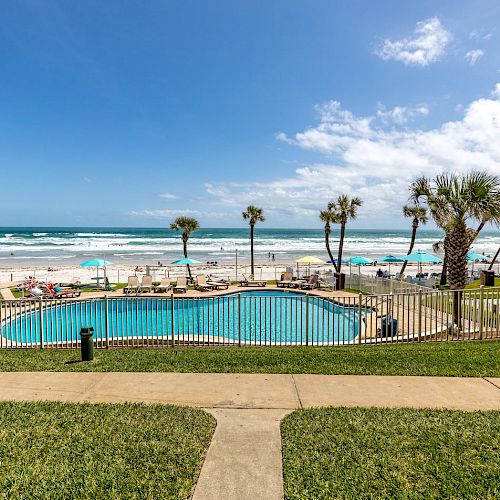 The image shows a beachfront view with a swimming pool, palm trees, and a fenced area overlooking the ocean on a sunny day.