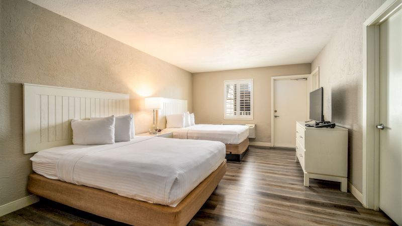 A hotel room with two twin beds, a dresser, and a TV.