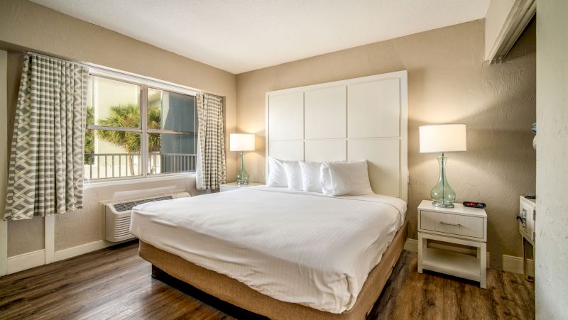 A wide view of a hotel room with a king-size bed, two nightstands with lamps, and a window with a view of palm trees.