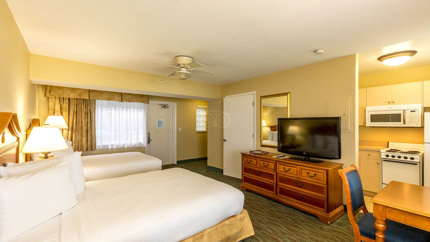 A hotel room with two beds, a TV, a desk, a microwave, and a refrigerator, with the door leading to the outside.