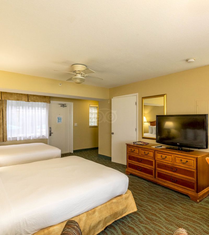 A hotel room with two beds, a dresser with a TV, and a ceiling fan.