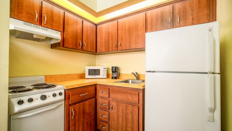 A compact kitchenette with wood cabinets, white appliances, and a microwave.