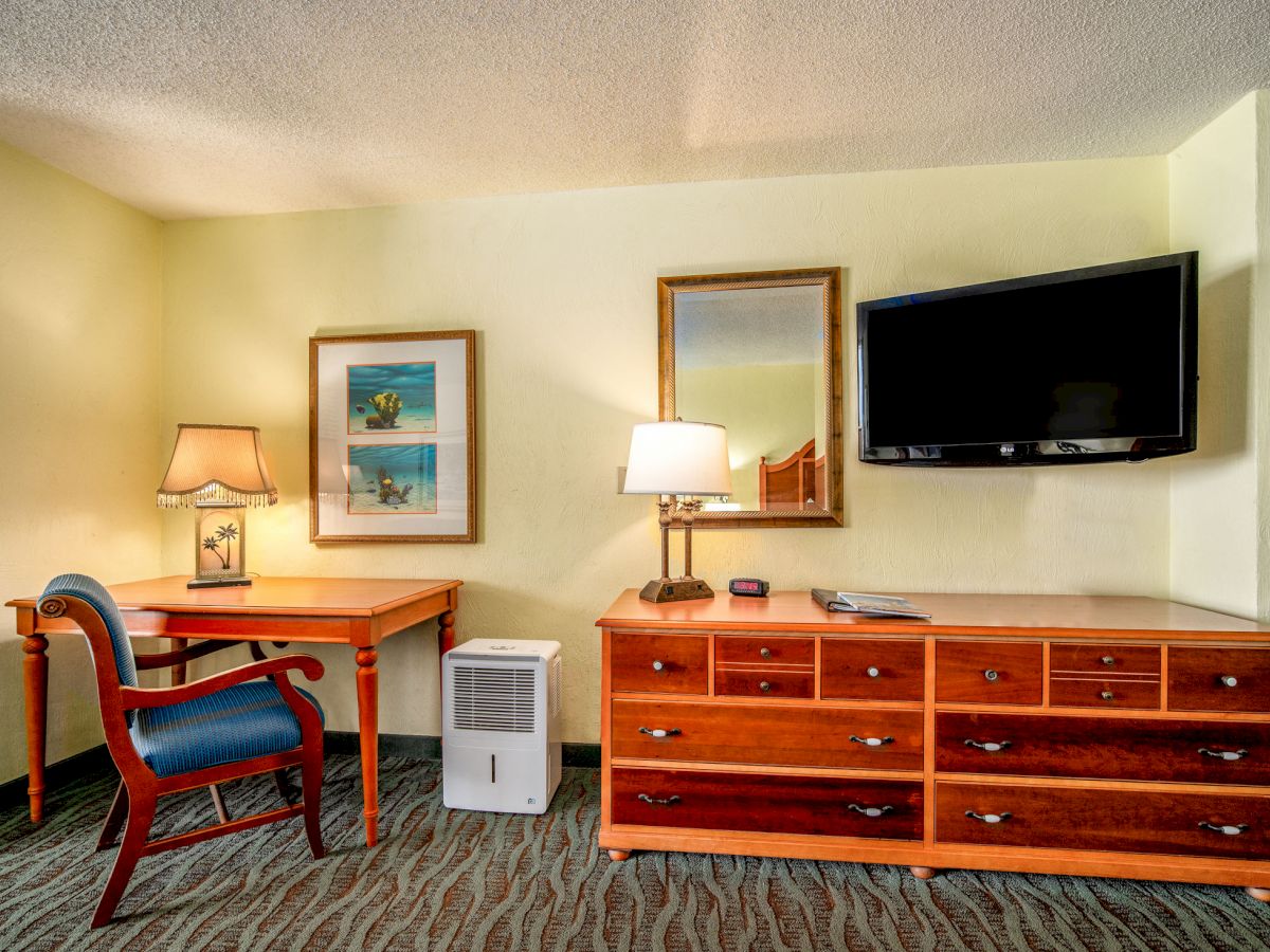 This image shows a hotel room with a desk, chair, lamp, TV, dresser, and wall art, all placed on a carpeted floor under a neutral-toned ceiling.