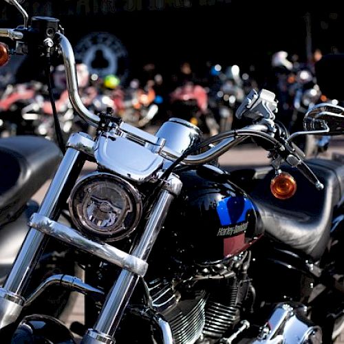 Several motorcycles are parked close together, with the focus on a shiny chrome bike in the foreground.