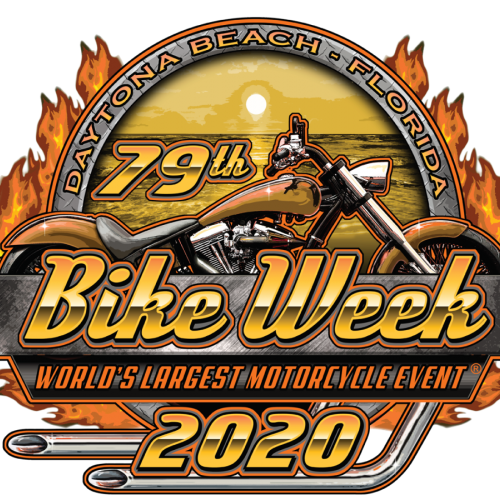 A logo for the 79th Bike Week 2020 in Daytona Beach, Florida, featuring a motorcycle and flames, highlighting "World's Largest Motorcycle Event."
