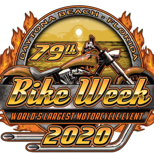 A logo for the 79th Bike Week 2020 in Daytona Beach, Florida, featuring a motorcycle and flames, highlighting "World's Largest Motorcycle Event."