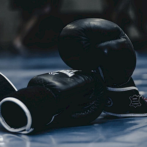 The image shows a pair of black boxing gloves lying on a blue mat, with a blurred background of a gym or training area.