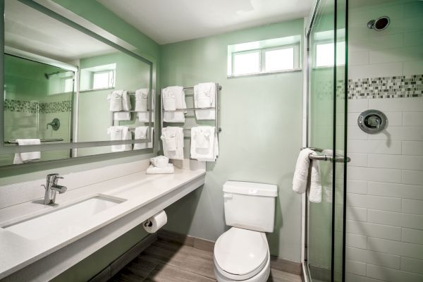 A modern bathroom with a large mirror, sink, toilet, towel racks, and a glass shower enclosure on the right, all in a clean, minimalist design.