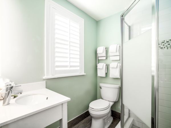 A bathroom features a sink with toiletries, a toilet, a shower with glass doors, and neatly arranged towels on a rack, all against light green walls.