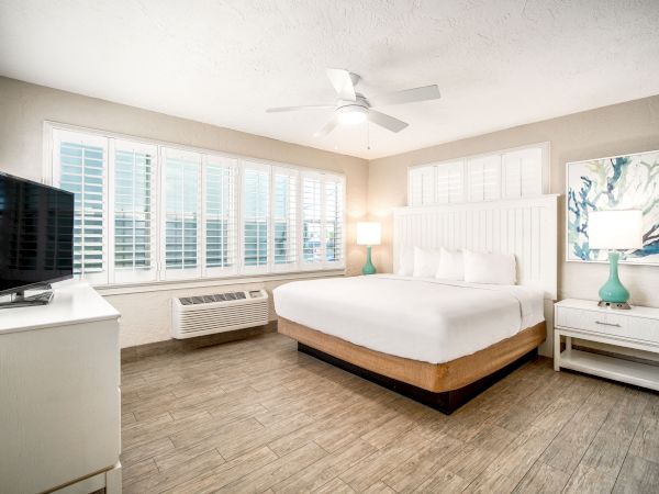 A modern bedroom with a large bed, TV, nightstand, lamp, wall art, ceiling fan, and windows with shutters, featuring a neutral color scheme.